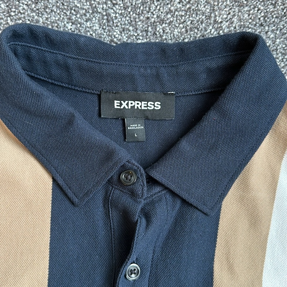Express Men's Polo in Navy with White and Tan Stripes - Picture 2 of 2